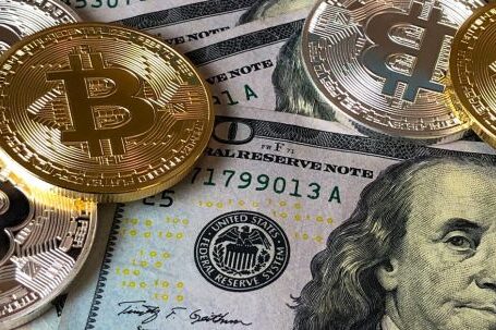 Blockchain - Bitcoins and U.s Dollar Bills